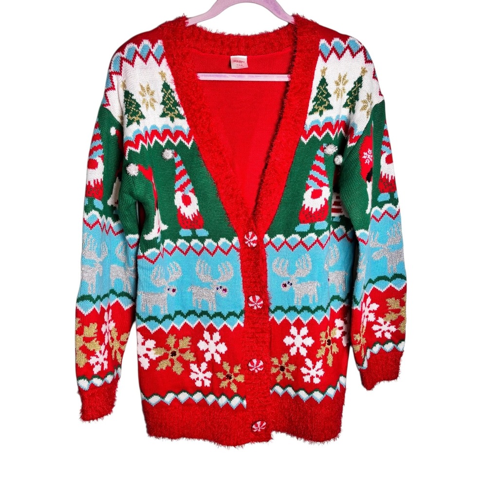 Holiday Time Women's Ugly Christmas Sweater Cardigan‎ Gnome Reindeer Small